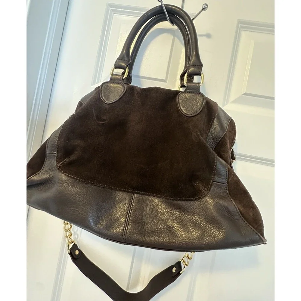 AUDREY BROOKE Brown Suede & Leather Crossbody Satchel Handbag W/ Chain Strap - Picture 3 of 16